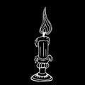 Vector image. Close-up of abstract candlestick with a burning candle on an isolated black background.